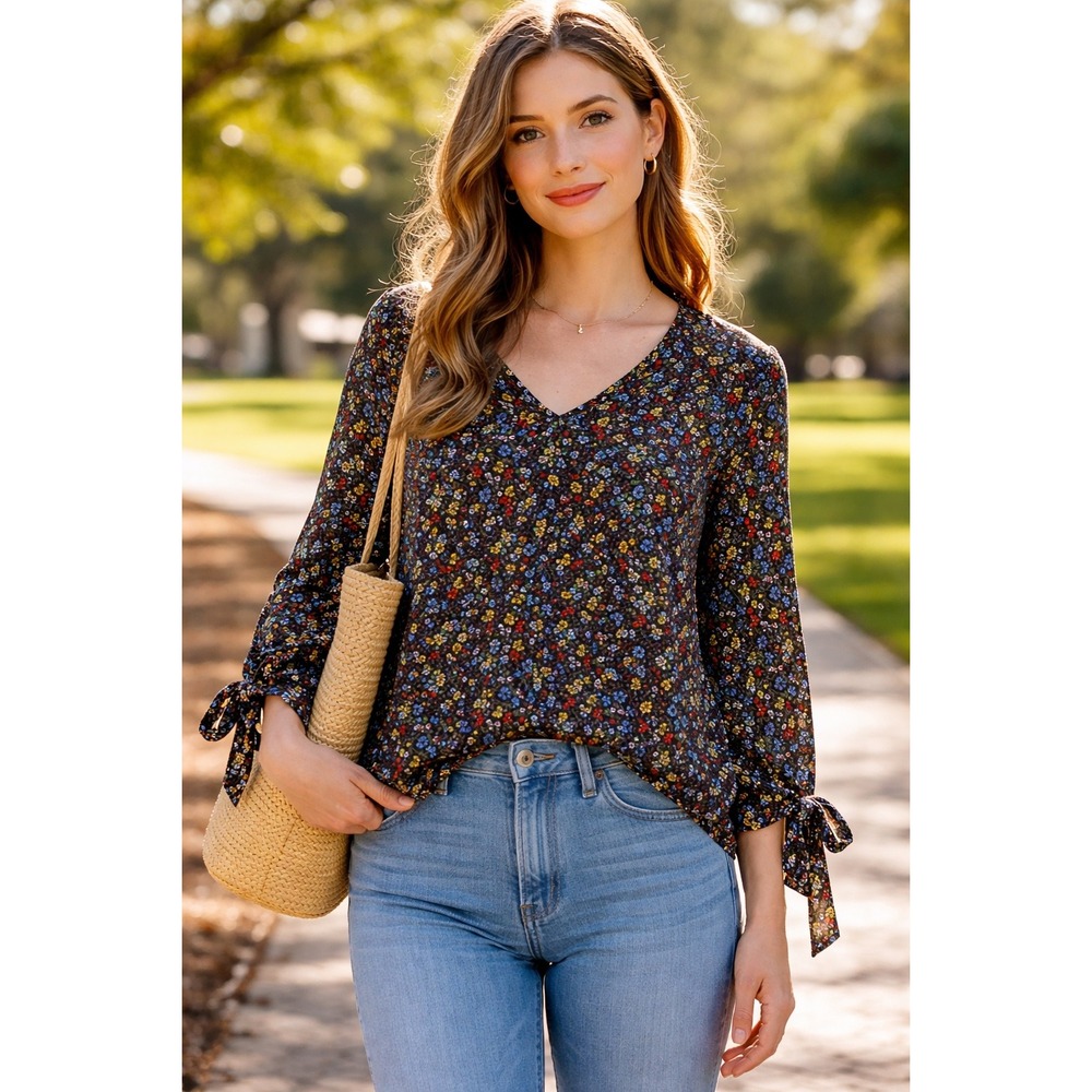 CeCe Top Womens‎ M Bow Floral Peasant Blouse V-Neck Blue
